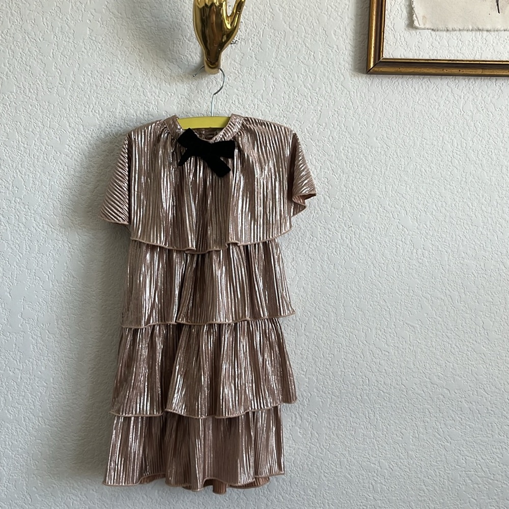 River Island Mini Metallic Pleated Layered Cape Dress w Velvet Bow